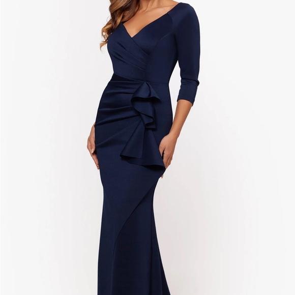 Xscape Dresses & Skirts - Xscape Navy Blue Long Sleeve Ruffle Evening Gown